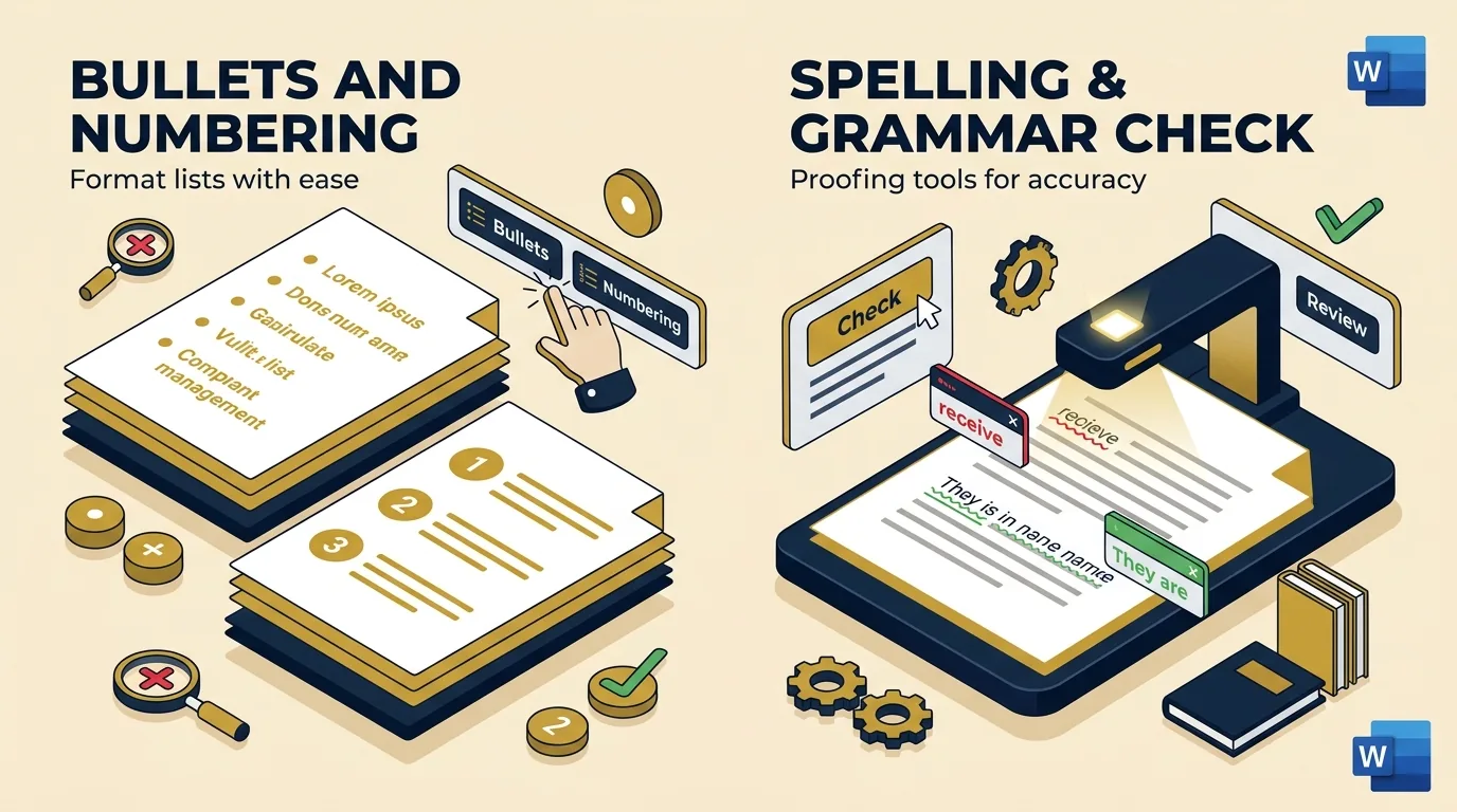 MS Word Bullets & Numbering and Spelling & Grammar Check Graphic Visual