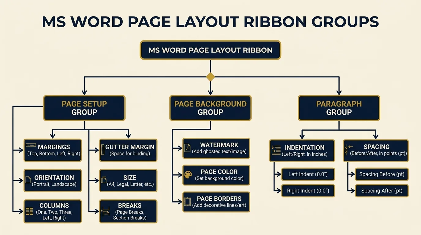 MS Word Page Layout Ribbon Groups Flowchart Diagram
