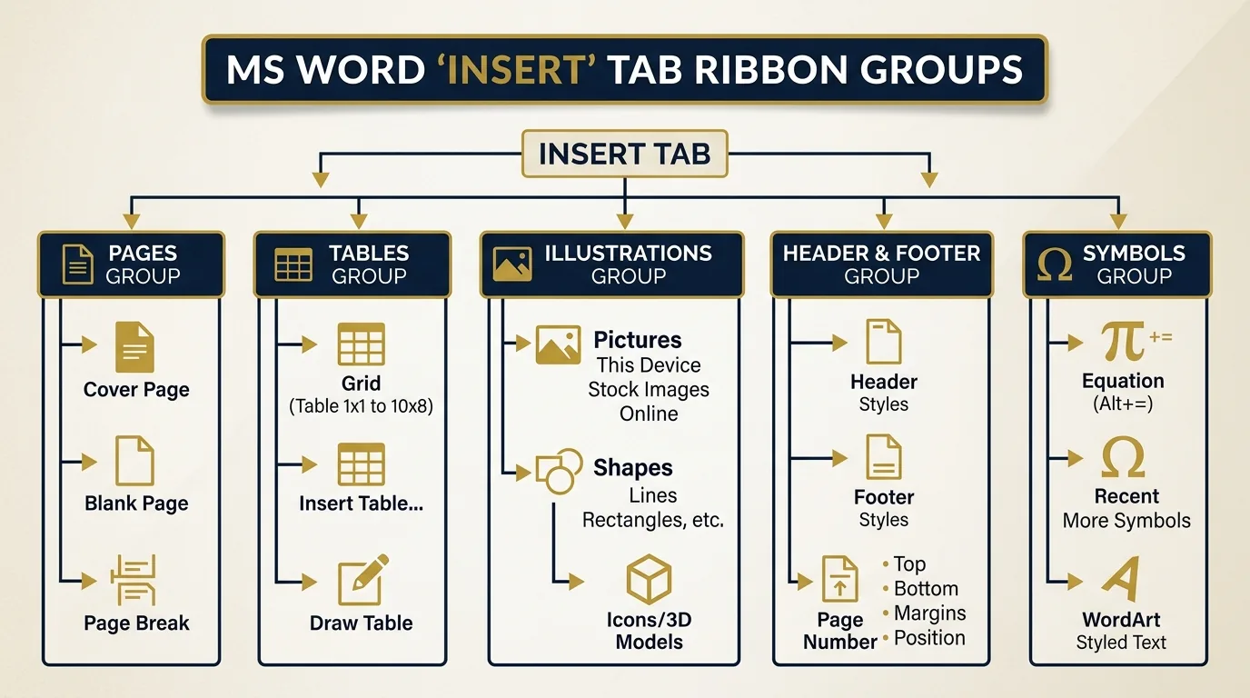 MS Word Insert Tab Ribbon Groups Diagram